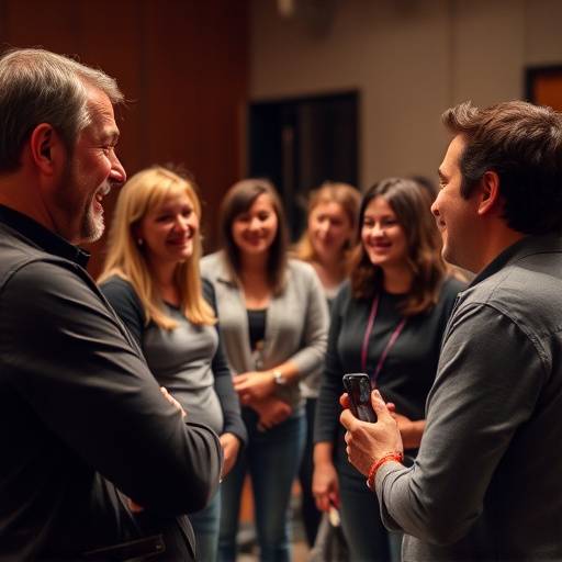 Image d'un atelier d'improvisation où les étudiants rient et interagissent avec l'instructeur, Pierre Dupont.
