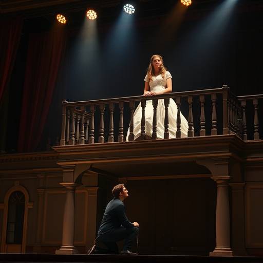 Photo d'une scène de la pièce 'Roméo et Juliette' interprétée par les élèves de l'Académie Lumière, avec Juliette au balcon et Roméo en bas.