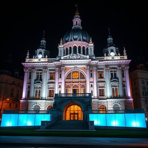 Photo de l'Académie Lumière illuminée de nuit lors de la fête des lumières de Lyon.