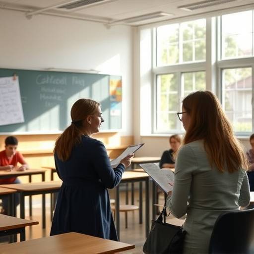 Photographie d'une session de lecture de pièces de théâtre dirigée par Isabelle Moreau dans une salle de classe.