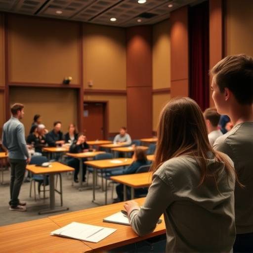 Salle de classe de théâtre avec des étudiants en pleine répétition.