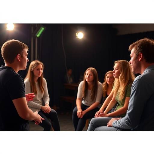 Étudiants de l'Académie d'Art Dramatique Lumière participant à une séance de questions-réponses avec un instructeur invité.